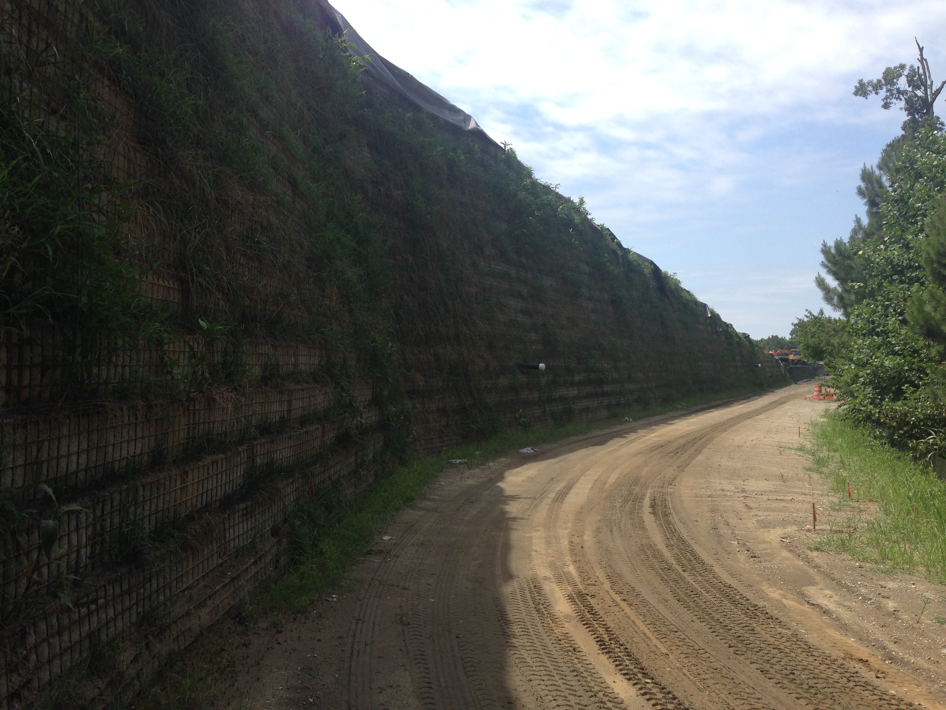 eMSE dirt road flanked by tall earthen embankments with vegetation